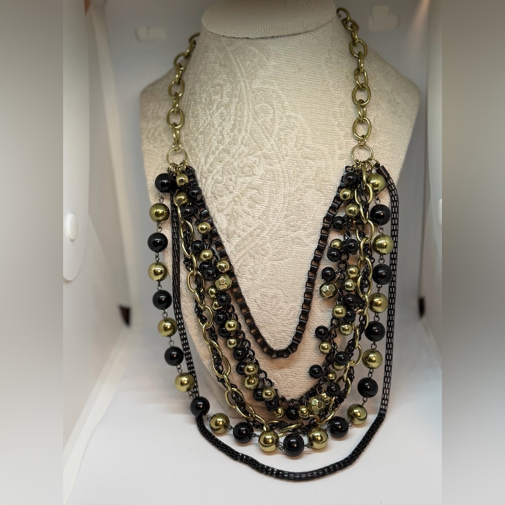 Black & Gold Multi Strand Statement Necklace Chunky Layered Beaded Chain